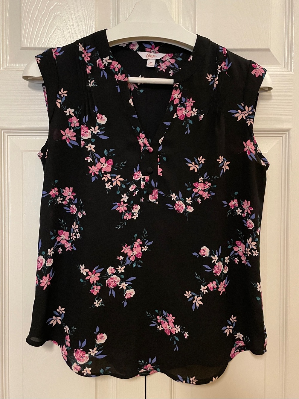Candie’s Floral Black & Pink Mandarin Collar Cap Sleeve Blouse Size XS